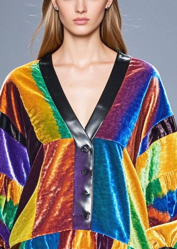 Simple Colorblock Ruffled Patchwork Silk Velour Shirt Tops Fall