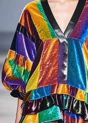 Simple Colorblock Ruffled Patchwork Silk Velour Shirt Tops Fall