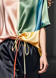 Simple Colorblock V Neck Cinched Silk Top Summer