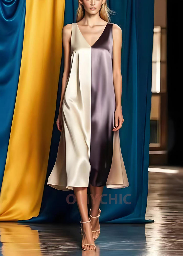 Simple Colorblock V Neck Patchwork Silk Maxi Dress Summer