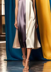 Simple Colorblock V Neck Patchwork Silk Maxi Dress Summer