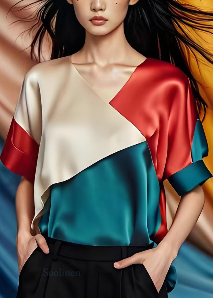 Simple Colorblock V Neck Patchwork Silk Tops Summer