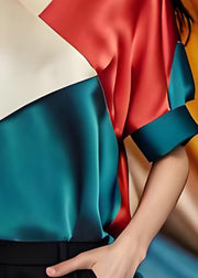 Simple Colorblock V Neck Patchwork Silk Tops Summer