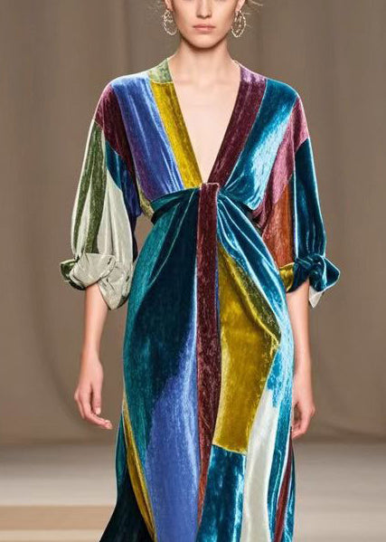 Simple Colorblock V Neck Patchwork Silk Velvet Party Dress Fall