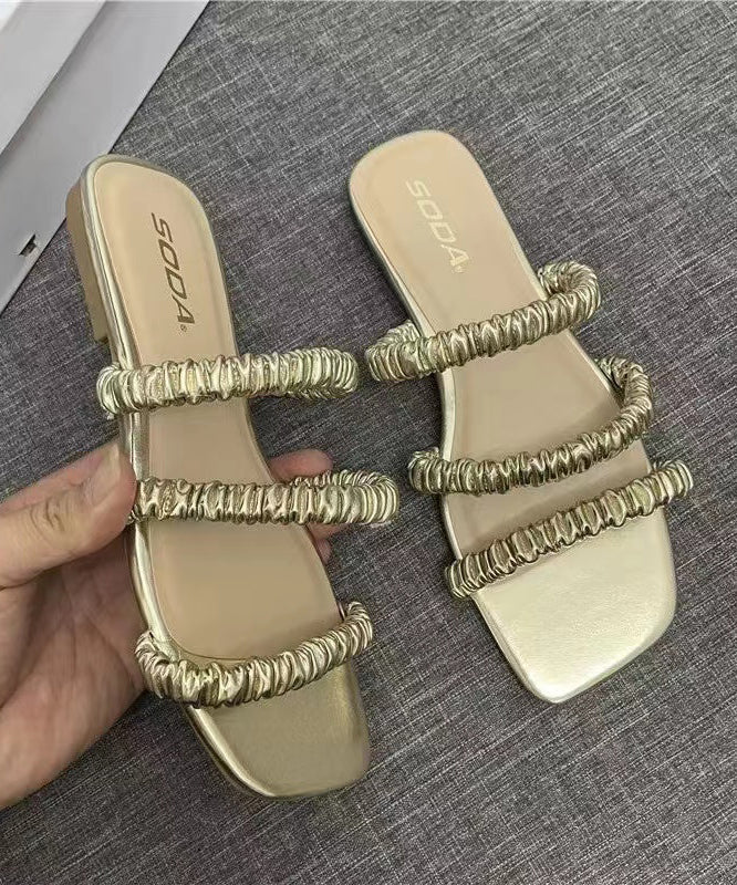 Simple Comfy Gold Faux Leather Slide Sandals Peep Toe