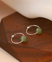 Simple Cyan Sterling Silver Inlaid Jade Hoop Earrings