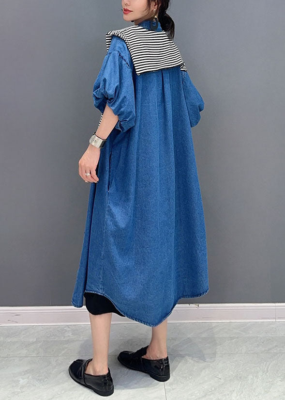 Simple Dark Blue Pockets Button Patchwork Denim Long Coats Summer