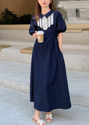 Simple Dark Blue Print Cinched Button Long Dresses Summer