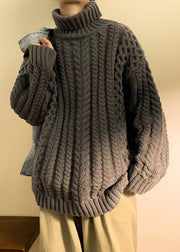 Simple Dark Gray Cozy Cotton Cable Knit Men Sweaters Turtleneck Winter