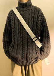 Simple Dark Gray Cozy Cotton Cable Knit Men Sweaters Turtleneck Winter