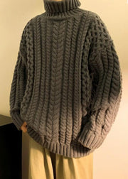 Simple Dark Gray Cozy Cotton Cable Knit Men Sweaters Turtleneck Winter