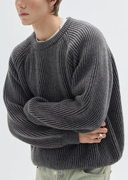 Simple Dark Gray O Neck Solid Knit Men Sweaters Spring