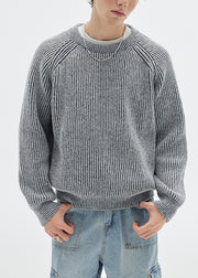 Simple Dark Gray O Neck Solid Knit Men Sweaters Spring