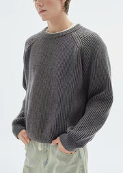 Simple Dark Gray O Neck Solid Knit Men Sweaters Spring