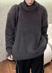 Simple Dark Gray Solid Mink Hair Knitted Mens Sweaters Turtleneck Winter