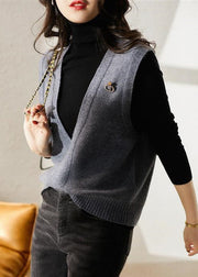 Simple Dark Gray V Neck Patchwork Knit Waistcoat Sleeveless