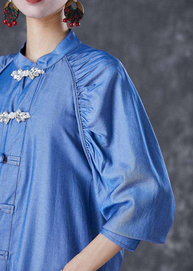 Simple Demin Blue Chinese Button Wrinkled Cotton Shirt Top Fall