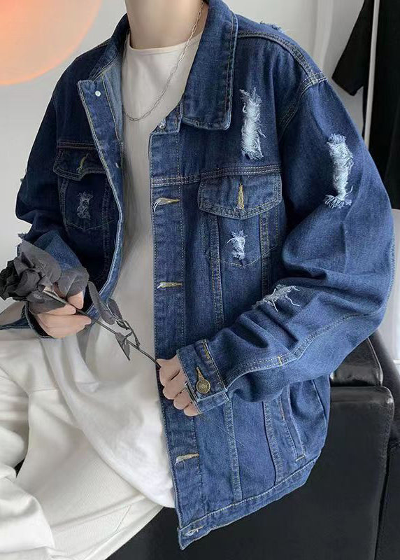 Simple Denim Blue Hole Pockets Solid Men Coat Fall