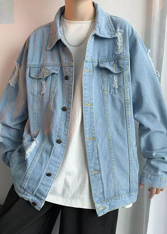 Simple Denim Blue Hole Pockets Solid Men Coat Fall