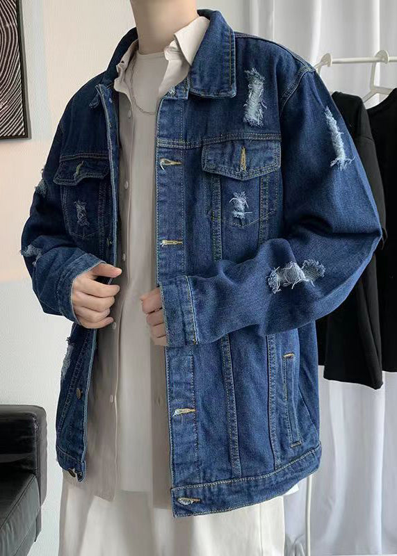 Simple Denim Blue Hole Pockets Solid Men Coat Fall