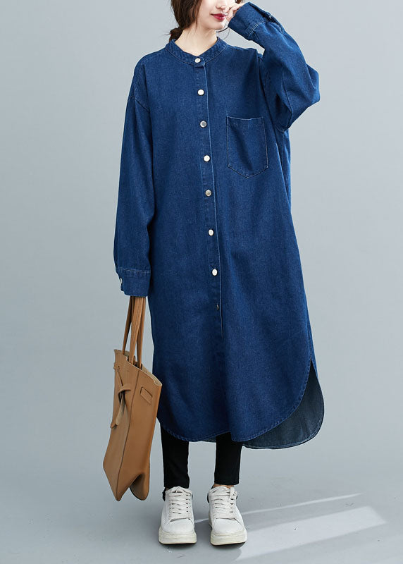 Simple Denim Blue Stand Collar Oversized Side Open Cotton Shirt Dresses Spring