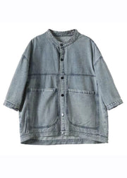 Simple Denim Blue Stand Collar Pockets Patchwork Button Jacket Spring