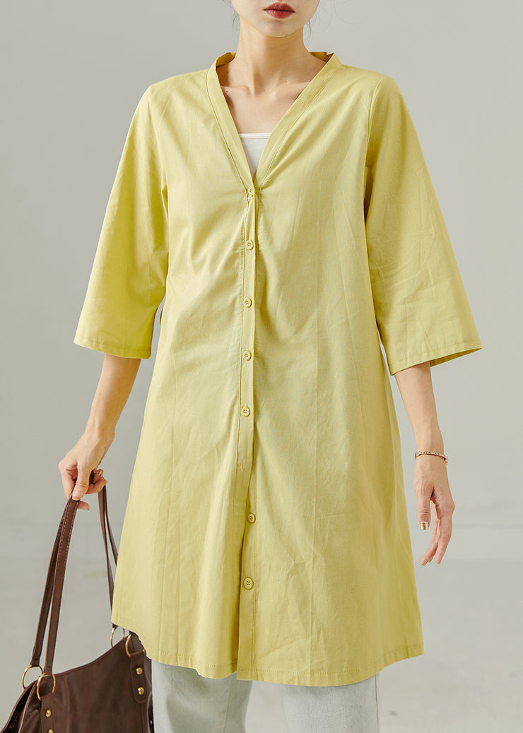 Simple Fruit Green V Neck Linen Tea Dress Summer