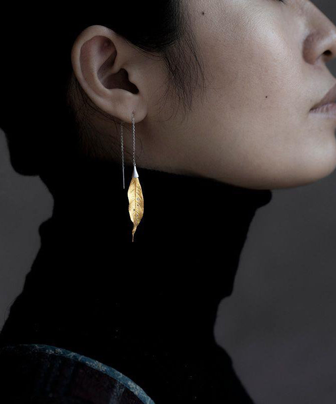 Simple Gold Sterling Silver Overgild Leaf Drop Earrings