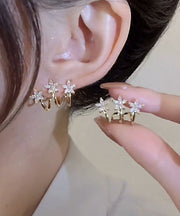 Simple Gold Sterling Silver Overgild Zircon Floral Hoop Earrings