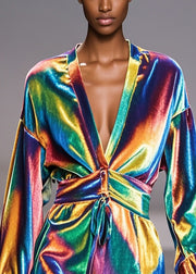 Simple Gradient Color V Neck Silm Fit Silk Velvet Robe Dresses Spring