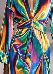 Simple Gradient Color V Neck Silm Fit Silk Velvet Robe Dresses Spring