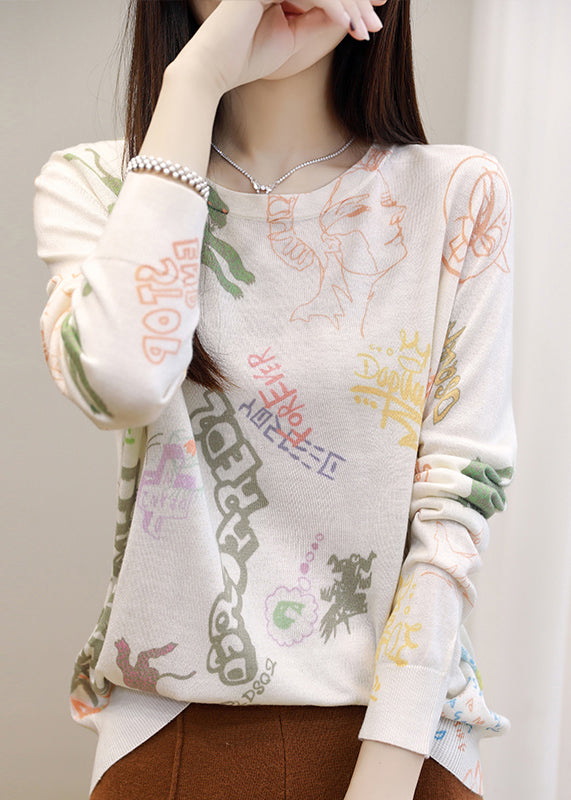 Simple Graphic O Neck Print Silk Cotton Top Spring