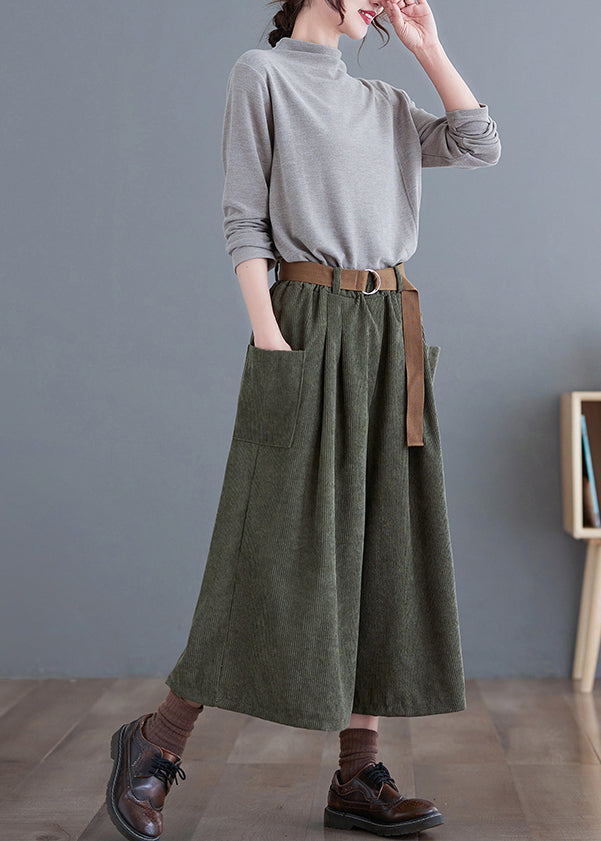 Simple Green Elastic Waist Pockets Corduroy Pants Fall