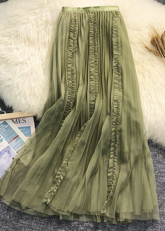 Simple Green Elastic Waist Ruffled Tulle Pleated Skirts Spring