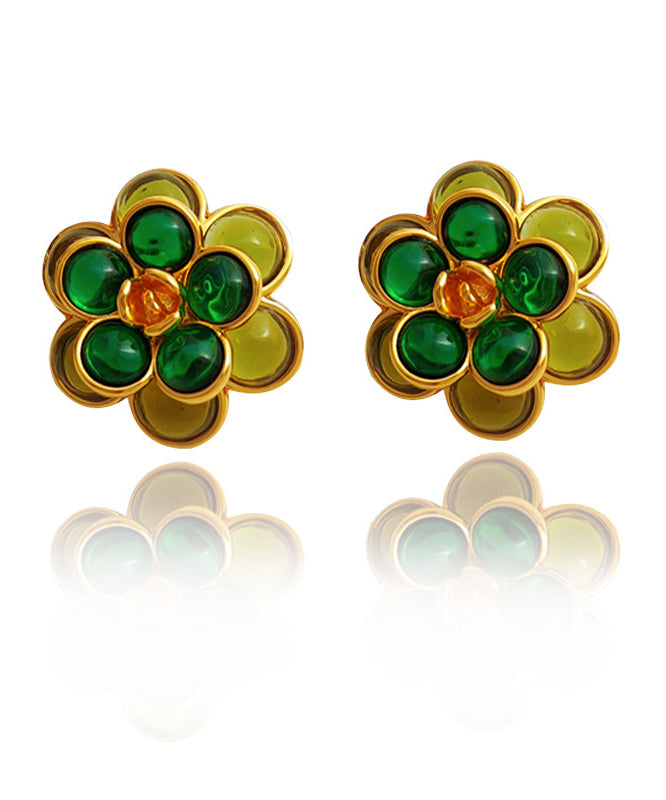 Simple Green Floral Copper Glod Plated Stud Earrings