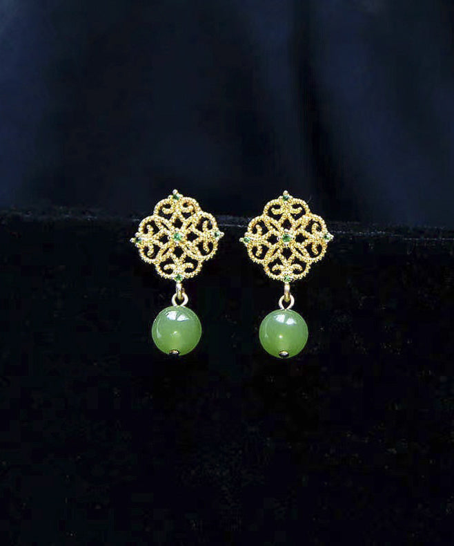 Simple Green Floral Hetian Jade Stud Earrings