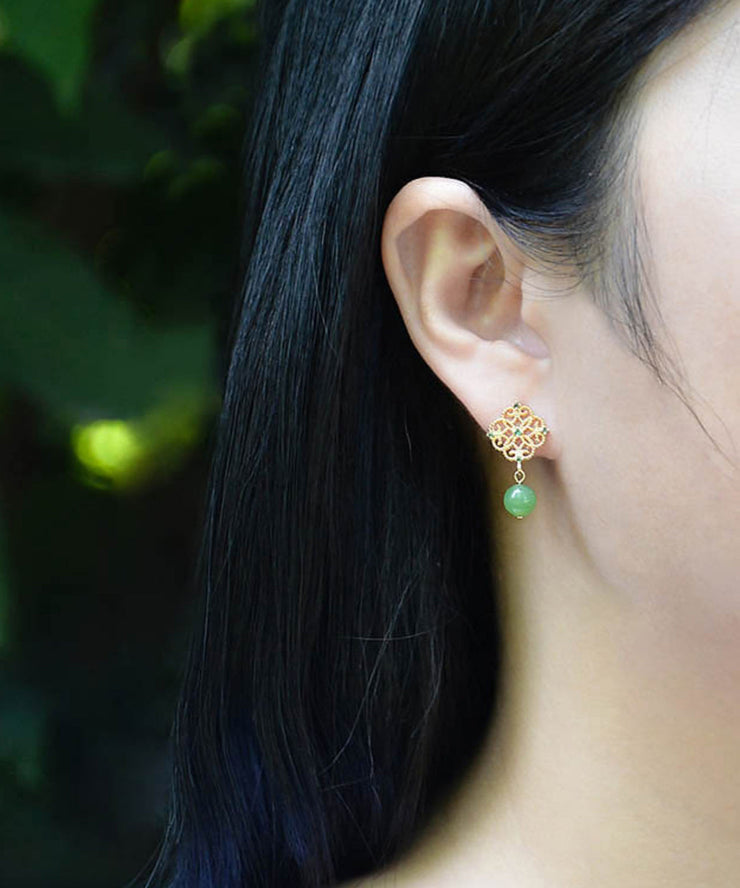 Simple Green Floral Hetian Jade Stud Earrings