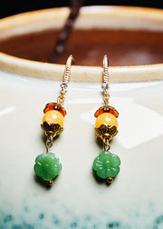Simple Green Lotus Flower Jade Connect Beeswax Drop Earrings