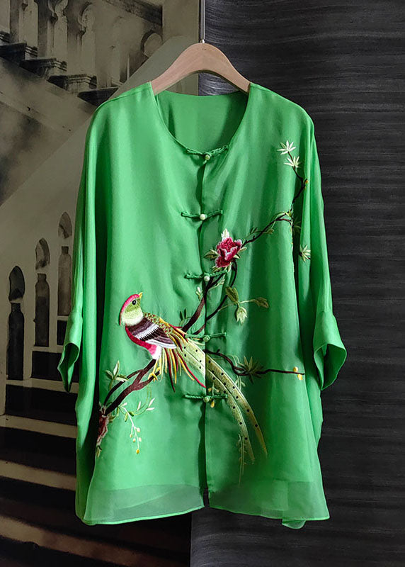 Simple Green O Neck Embroideried Silk Blouses Top Summer