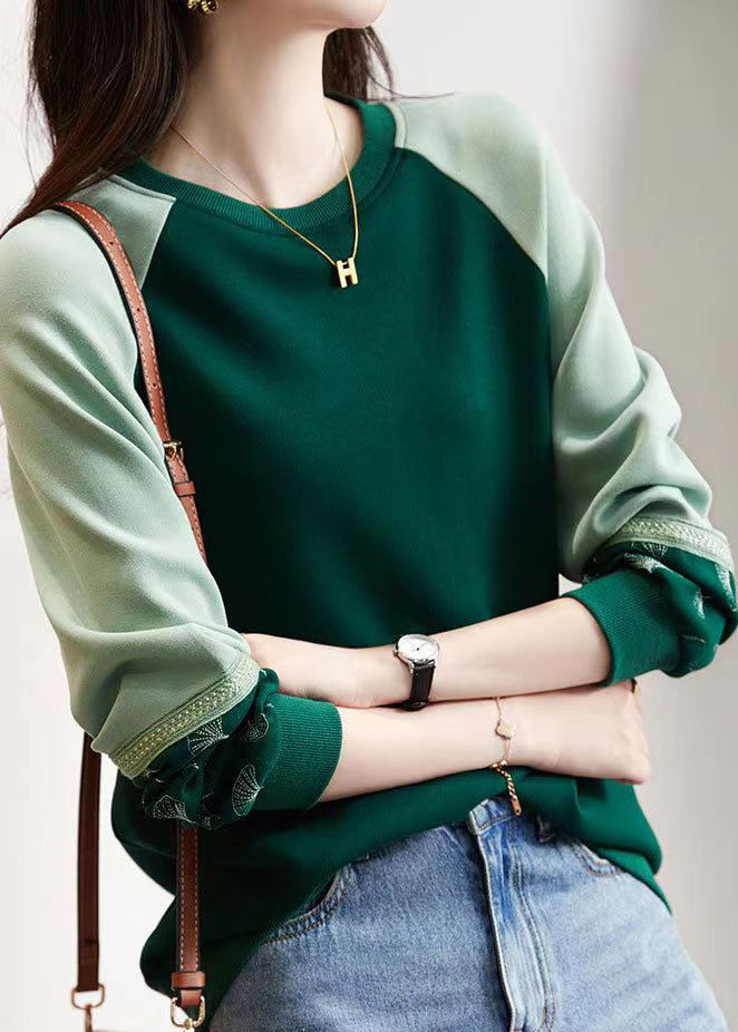 Simple Green O Neck Patchwork Cotton Sweatshirts Spring