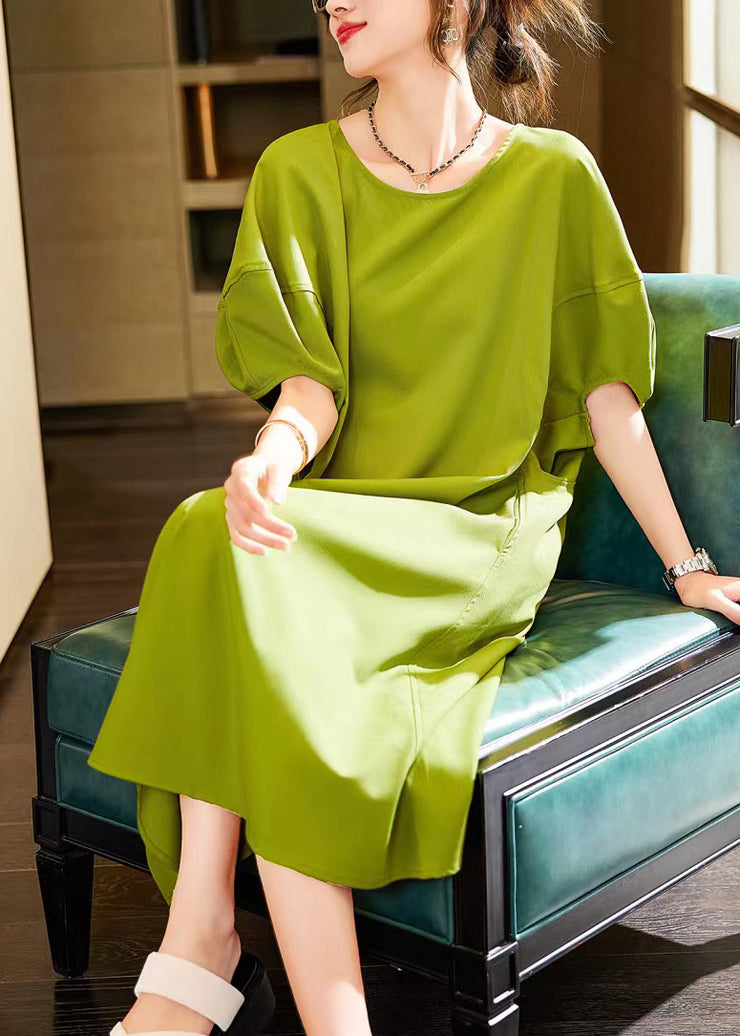 Simple Green O-Neck Patchwork Long Dress Short Sleeve