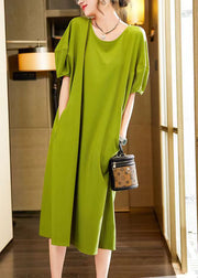 Simple Green O-Neck Patchwork Long Dress Short Sleeve
