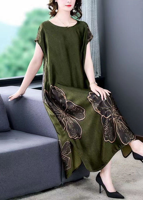 Simple Green O Neck Print Patchwork Silk Long Dresses Summer