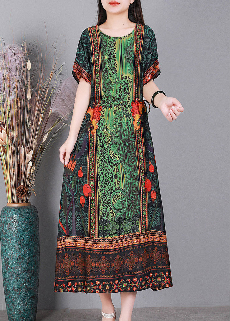 Simple Green O-Neck Print Silk Long Dresses Short Sleeve