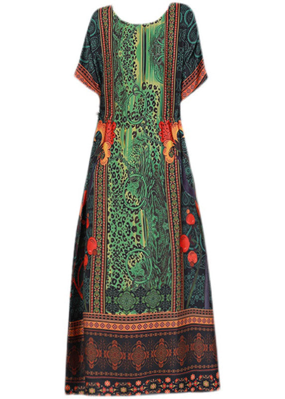 Simple Green O-Neck Print Silk Long Dresses Short Sleeve