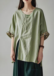 Simple Green O Neck Side Open Cotton Blouses Top Summer
