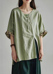 Simple Green O Neck Side Open Cotton Blouses Top Summer