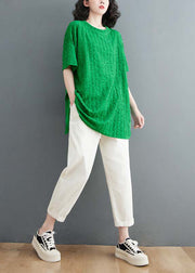 Simple Green O Neck Side Open Cotton T Shirt Tops Summer