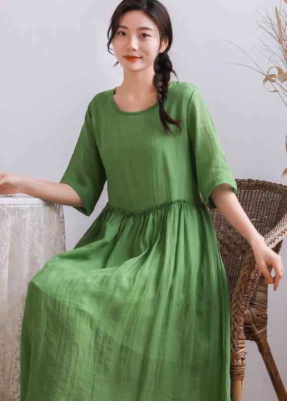 Simple Green O Neck Wrinkled Patchwork Linen Dress Summer