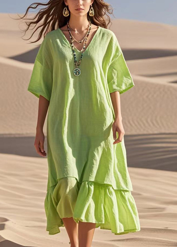 Simple Green Oversized Patchwork Cotton Robe Dresses Summer